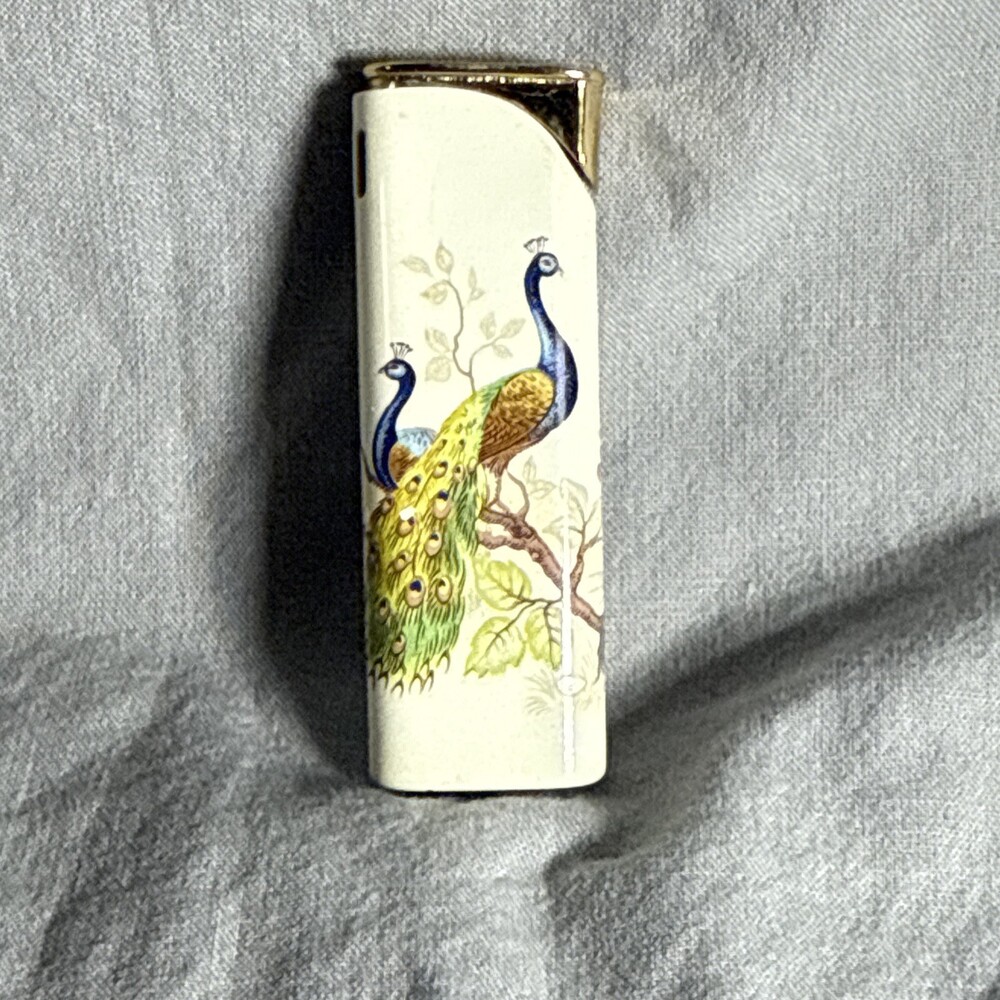 Colibri Japan White Enamel Lighter w/ Peacock Design
